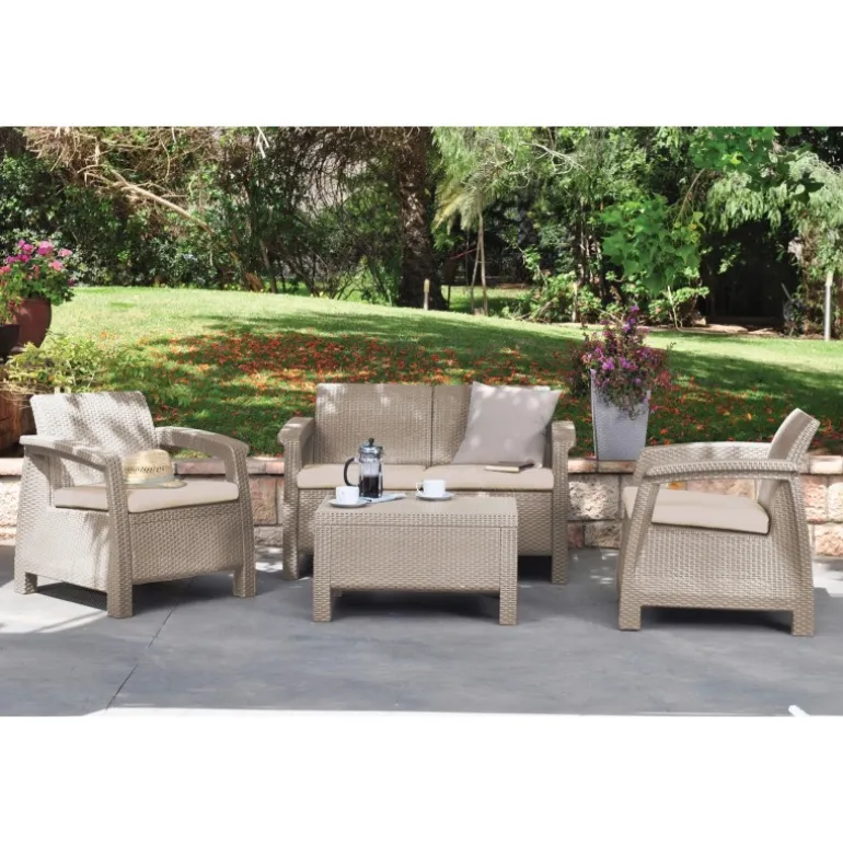 Keter Set Lounge CORFU' Cappuccino Divano + 2 Poltrone + Tavolino Aperto